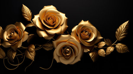 3d render of golden roses on black background with golden leaves.の素材