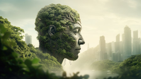 Double exposure of human face with green tree and cityscape background.の素材