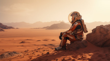 Astronaut sitting on the sand in the desert. 3d renderingの素材