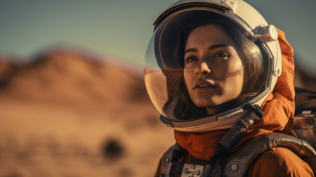 Beautiful young woman in the helmet of an astronaut in the desertの素材