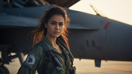 Beautiful young woman in military uniform on the background of an aircraftの素材