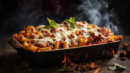 Tasty baked pasta with bolognese sauce on wooden tableの素材