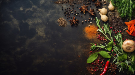 Spices and herbs on a black background. Top view. Copy space.の素材