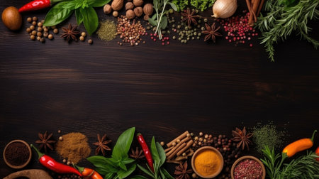 Spices and herbs on dark wooden background. Food and cuisine ingredientsの素材
