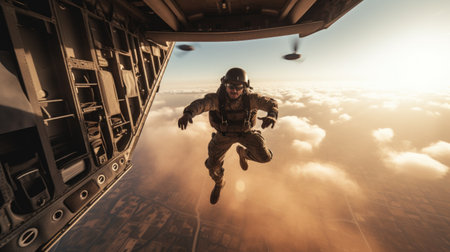 Skydiving. Men in paratrooper suit flying over clouds.の素材