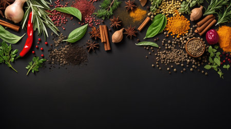 Various spices and herbs on black background. Top view with copy spaceの素材