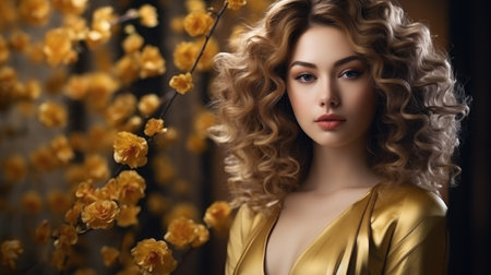 Beautiful young woman with long curly hair in a golden dress. Beauty, fashion.の素材
