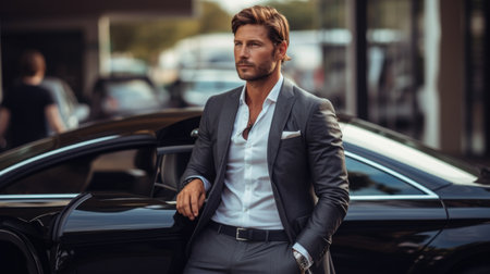 Handsome young man in suit is standing near luxury car.の素材