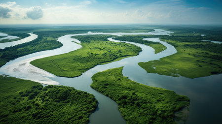 Aerial view of river and green meadow in summer. Nature backgroundの素材