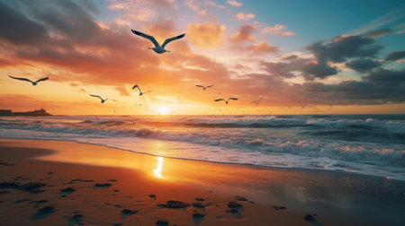 Beautiful seascape with seagulls at sunset.の素材