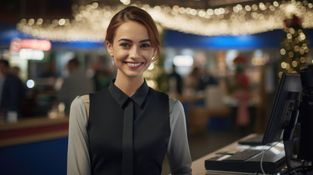 Portrait of young businesswoman working in a coffee shop, she is smilingの素材