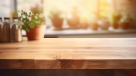 Empty wooden table in front of blurred kitchen background, product display montageの素材
