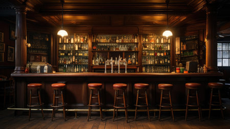 Interior of a pub with barstools and countertop.の素材
