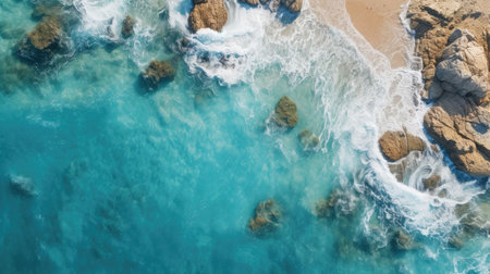 Aerial view of beautiful beach and turquoise sea with wavesの素材