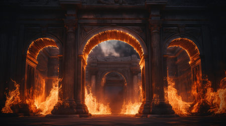 Burning archway in the middle of the city, 3d renderingの素材