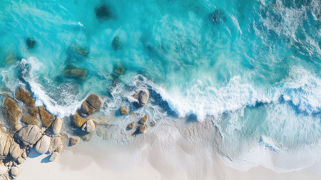 Aerial view of beautiful beach with turquoise water and white sandの素材