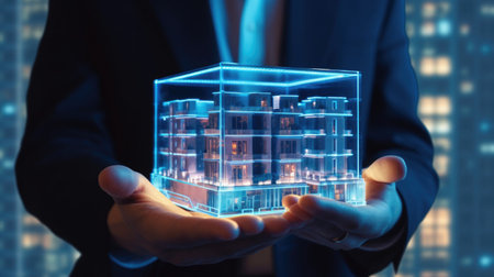 Businessman on blurred background holding and touching 3D rendering building modelの素材