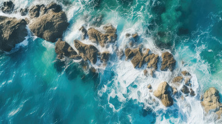 Aerial view of the waves breaking on the rocks in the oceanの素材