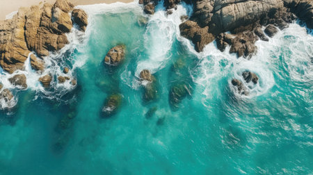 Aerial view of the ocean waves crashing on the rocky shore.の素材