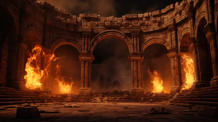 Ruins of ancient city with fire and smoke. 3d renderingの素材