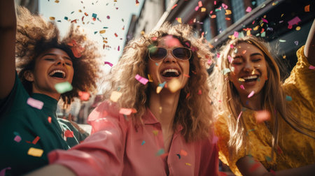 Group of friends having fun in the city with confetti. Young women having fun outdoors.の素材
