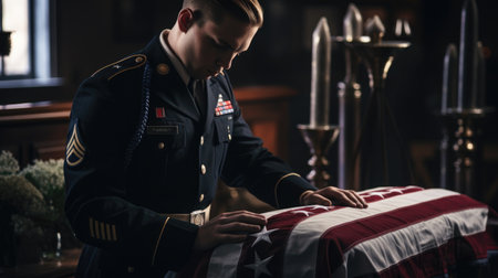 A man in a military uniform is preparing for the burial of a dead soldier.の素材