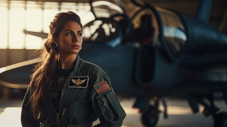 Beautiful young woman in military uniform is posing near the airplane.の素材