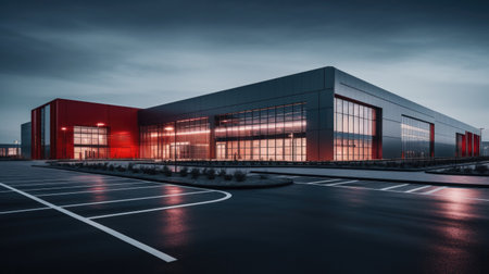 3d rendering of modern office building exterior with empty parking lot at nightの素材