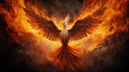 Bird in fire with wings spread. 3D illustration. Copy space.の素材