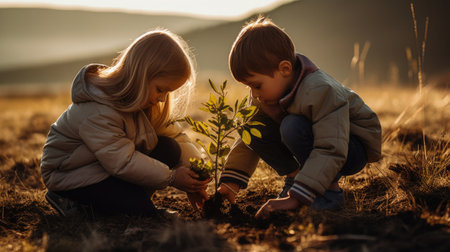 Cute little boy and girl planting a tree in the autumn fieldの素材