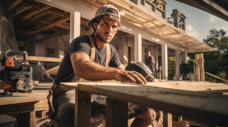 Carpenter working on a wooden floor at a construction site.の素材
