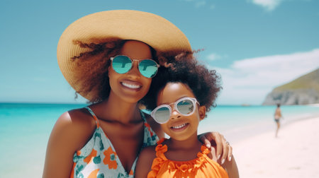 Happy african american mother and daughter in sunglasses on tropical beachの素材