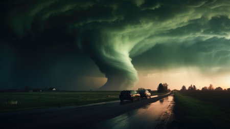 A storm is approaching on a country road in the Netherlands. The sun is setting.の素材