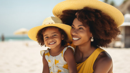 Beautiful african american mother and daughter in hats smiling and looking at camera on beachの素材