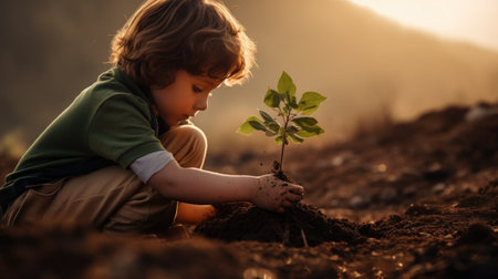Little boy planting a tree in the garden at sunset. Ecology concept.の素材