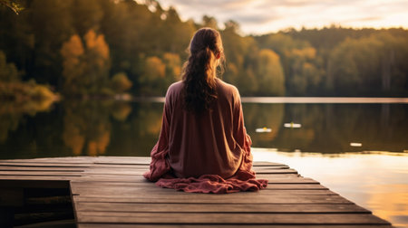 Young woman sitting on a pier by the lake at sunset in autumnの素材