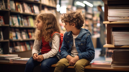 Little boy and girl sitting on bookshelf in library at schoolの素材