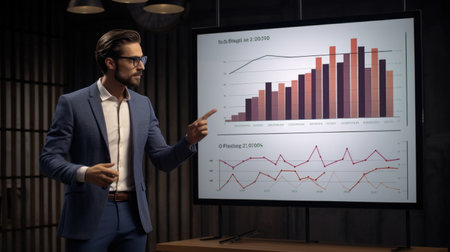 Businessman in suit and eyeglasses pointing at chart in officeの素材