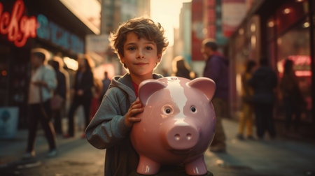 Cute little boy holding a piggy bank in the city.の素材