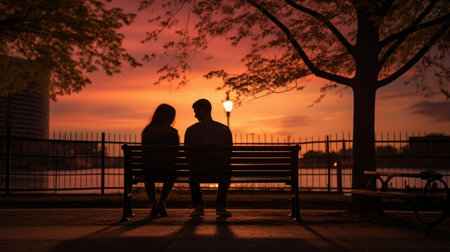 Silhouette of a couple sitting on a bench in the park at sunsetの素材