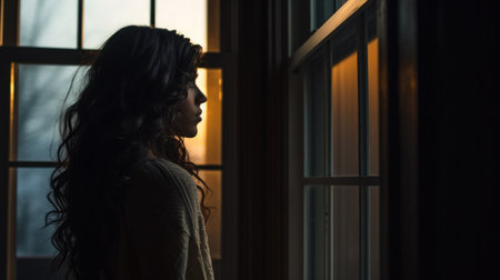 Silhouette of a young woman standing in front of the windowの素材