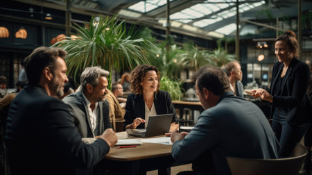 Group of business people working and communicating together in a modern coworking spaceの素材
