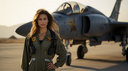 Portrait of a beautiful young woman pilot standing in front of a fighter jetの素材