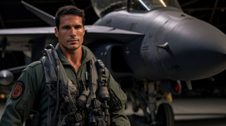 Portrait of a handsome soldier standing in front of a fighter jetの素材