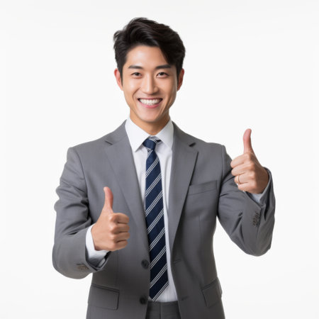 Young asian business man showing thumbs up isolated on white background.の素材