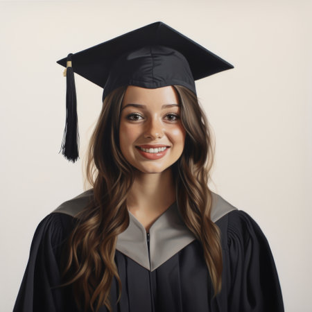 Portrait of a happy young woman in graduation gown and mortarboardの素材