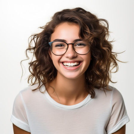 Portrait of a beautiful young woman with curly hair wearing glasses.の素材