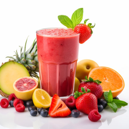 Smoothie with fresh fruits and berries on a white background.の素材