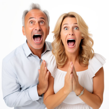 Surprised senior couple. Isolated over white background. Looking at camera.の素材