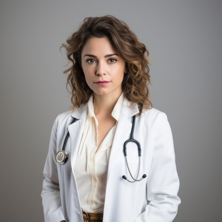 Portrait of a beautiful young female doctor with stethoscope on grey backgroundの素材